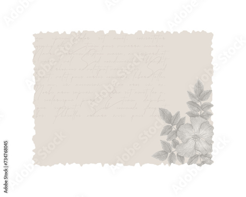 Digital scrapbooking element antique vintage letter with torn edges, rosehip flower print and Lorem imsum text, for vintage collage design. Vector illustration