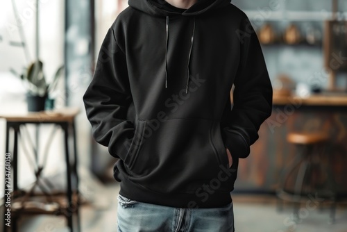 mockup of a man wearing Unisex hoodie in black color. Emphasize the fit and comfort