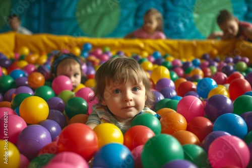 toddlers in a ball pit with multicolored plastic balls