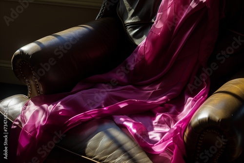 morning light illuminating a magenta silk scarf resting on a leather armchair
