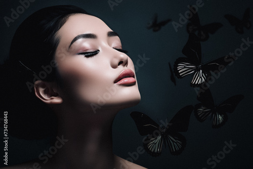 Femme fermant les yeux avec des papillons volant autour d'elle photo