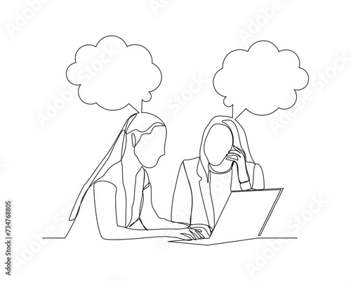 continuous single line sketch drawing of two women coworker talking something on laptop, bubble chat talk. One line art of office worker employee vector illustration