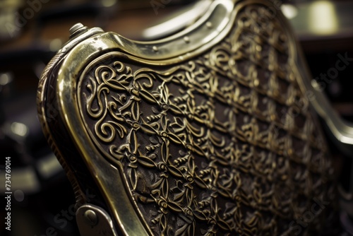closeup of the intricate pattern on the backrest of an old barber chair photo