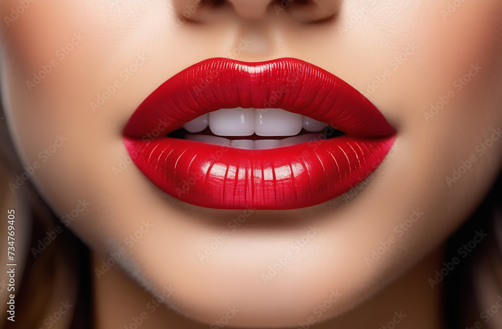 Fototapeta premium Bright red lipstick on female lips. White teeth. Body part.