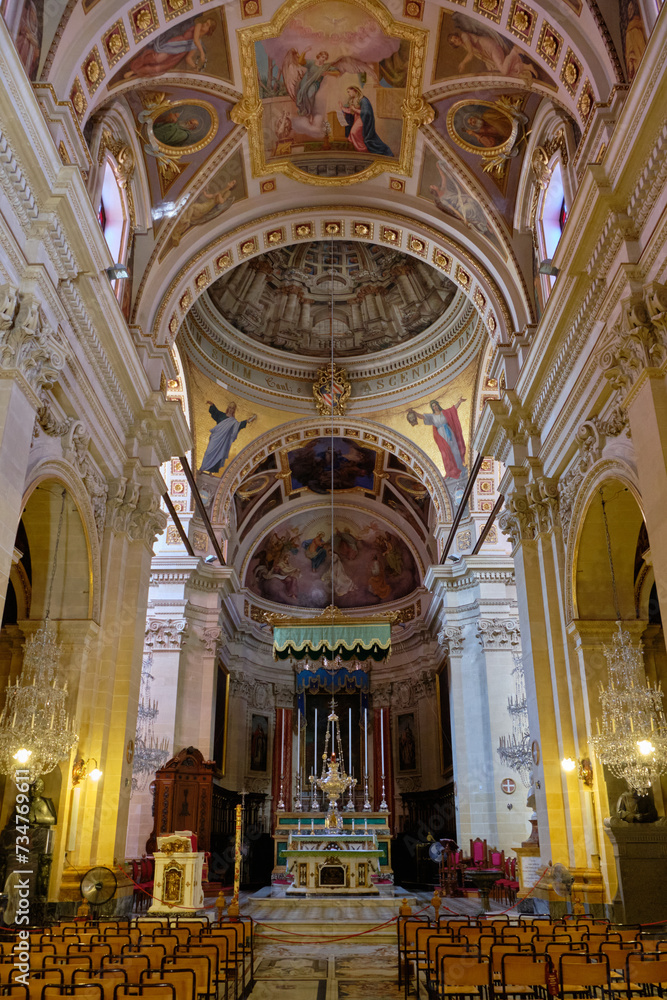 The richly decorated nave of the Cathedral of the Assumption - Victoria, Malta