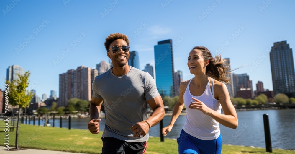 Two friends jog in an urban park against the city skyline, symbolizing companionship and urban fitness.