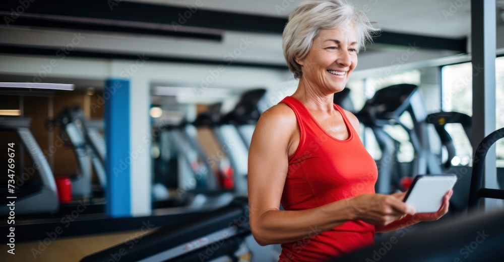 Obraz premium Active senior woman uses a fitness app in the gym, showcasing health and technology.