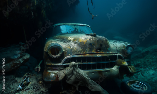 A sunken abandoned US classic car with a criminal history photo