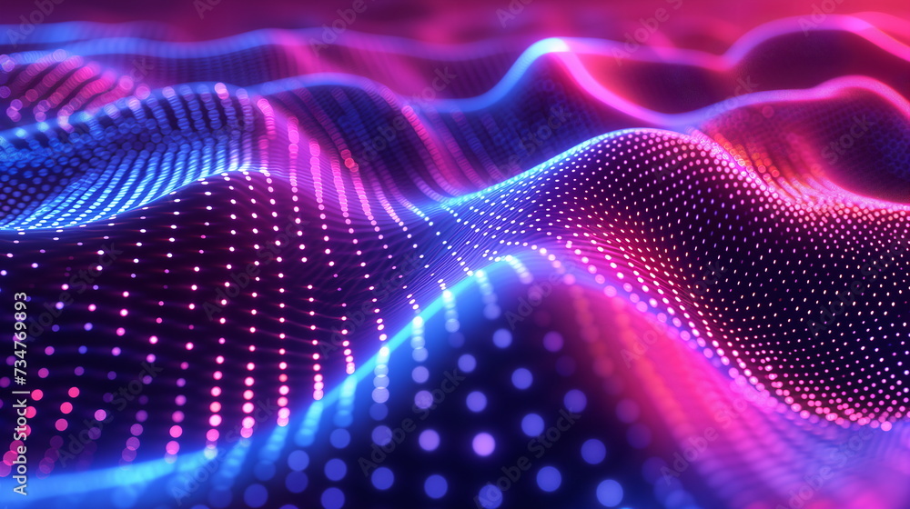 Abstract wave pattern background in pink and blue neon colors. dotted. 3D rendering. Virtual reality, cyber future background. Generative AI Abstract wave pattern background in pink and blue neon colors. dotted. 3D rendering. Virtual reality, cyber future background. Generative AI