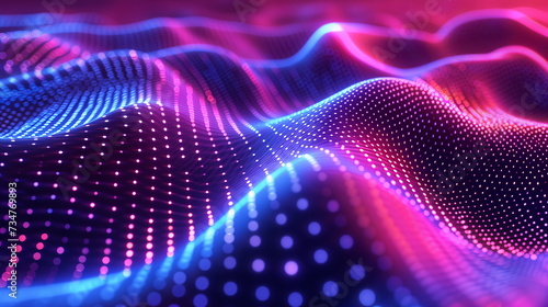 Abstract wave pattern background in pink and blue neon colors. dotted. 3D rendering. Virtual reality, cyber future background. Generative AI