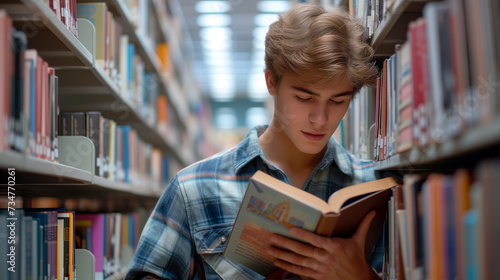 an 18 year old young man reading in a library at the latest facilities - Generative AI