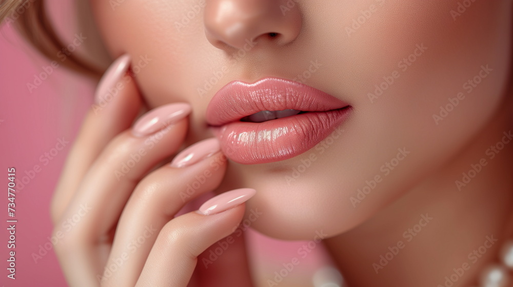 A close-up of beautiful woman's hand and lips. A close-up of hand near lips. Hand model or lip model. Generative AI A close-up of beautiful woman's hand and lips. A close-up of hand near lips. Hand model or lip model. Generative AI