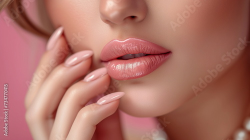 A close-up of beautiful woman s hand and lips. A close-up of hand near lips. Hand model or lip model. Generative AI