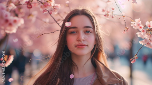 A lovely and pretty girl standing under a cherry blossom tree with fluttering cherry blossom petals. Cherry Blossom Street. Spring background. Face closeup. Generative AI