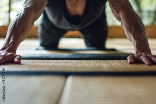 man performing pushups on tatami mat, focus on hands and mat