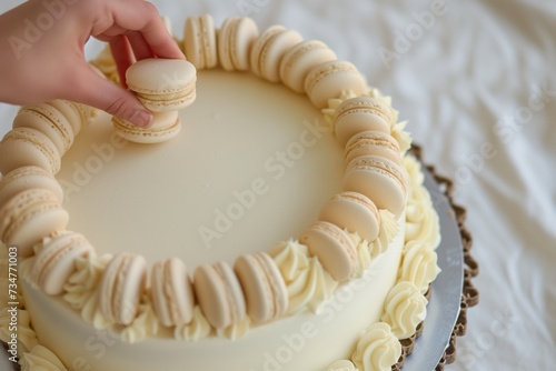 person placing macarons around the edge of a buttercream cake