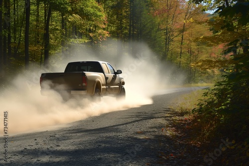 pickup truck kicking up dust on a gravel road in woods photo