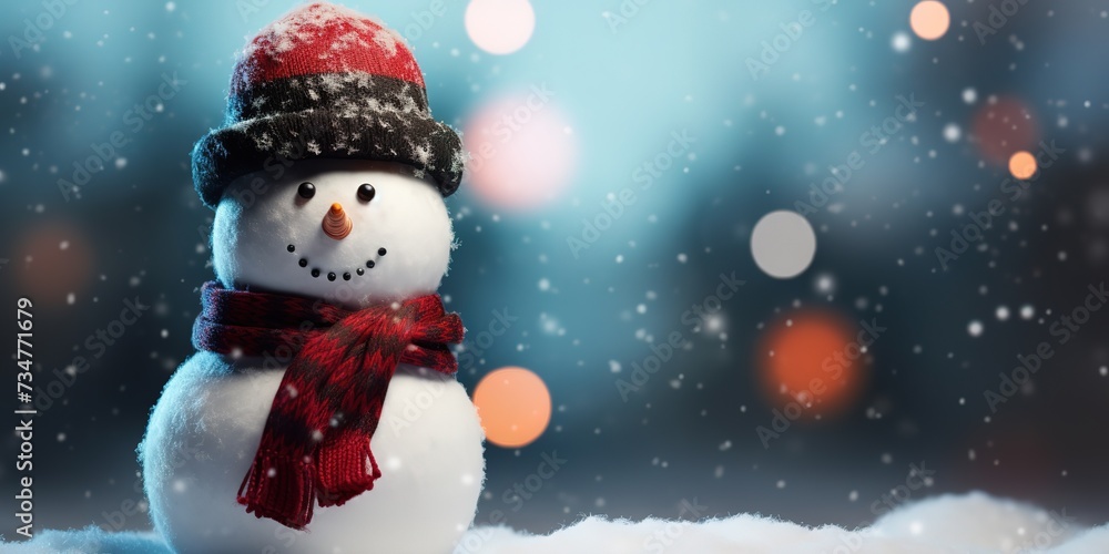 cute snowman standing on snowy field in winter