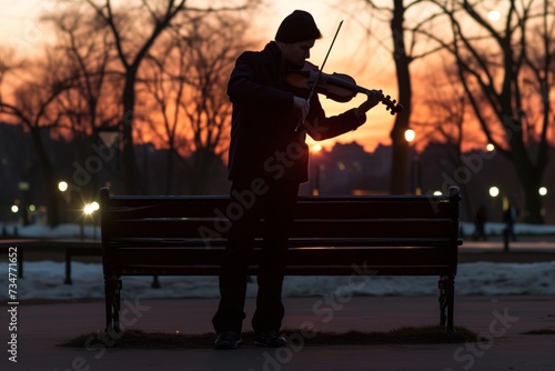 musician with violin near empty park bench, twilight