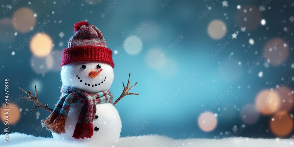 cute snowman standing on snowy field in winter