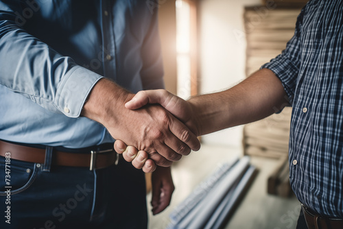 two men shake hands after closing an agreement for the construction and construction of a home