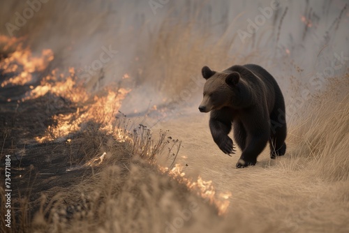 Canvas-taulu bear running along a firebreak created by firefighters