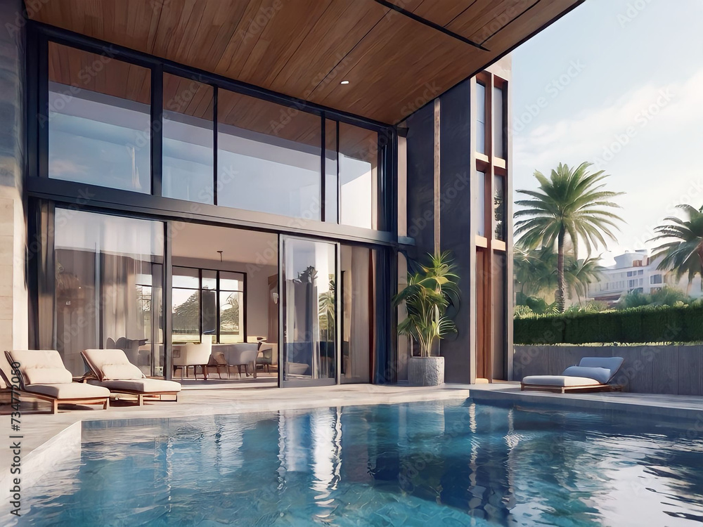 3d rendering, luxury living room and swimming pool in hotel.