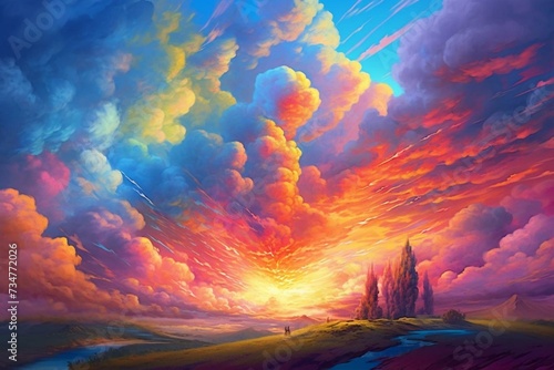 A colorful sky painting with fluffy clouds. Generative AI