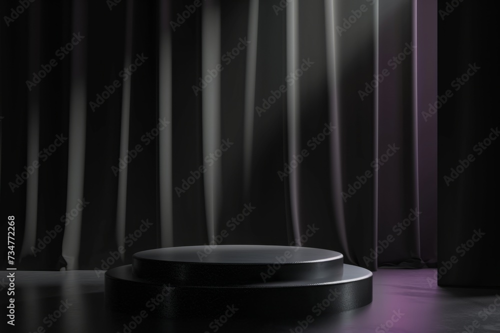 Minimalist black podium in a dramatic setting with curtain backdrop for a bold product showcase Minimalist black podium in a dramatic setting with curtain backdrop for a bold product showcase