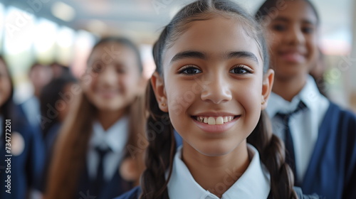 cinematic close-up image of a diverse group of middle school students in a private school uniform with a captivating and emotive expression, visionary eye gaze, and smile - Generative AI