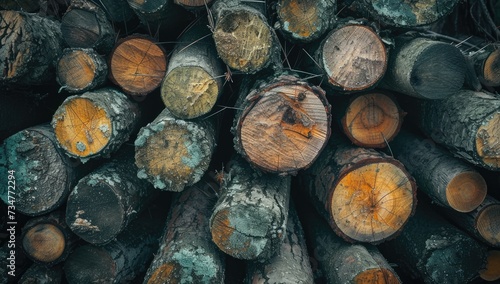 Detailed close-up of tree stumps in a forest  illustrating the aftermath of logging activities.