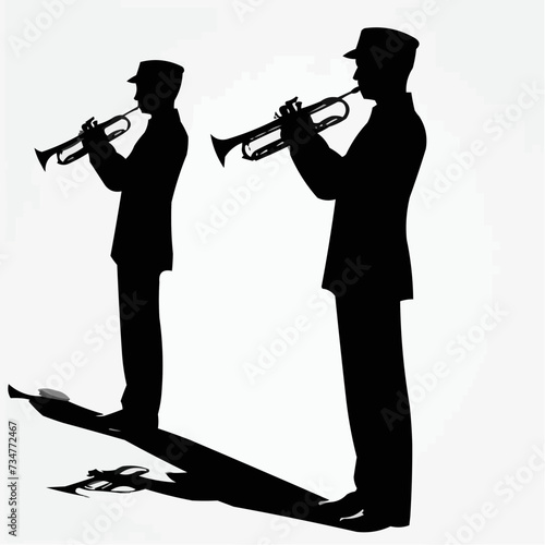 Silhouette of a man in the form of a military orchestra with a trumpet, black and white image, flat colors