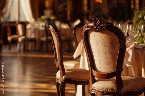 antiquestyle chair, unoccupied with elegant table setting, grand ballroom photo
