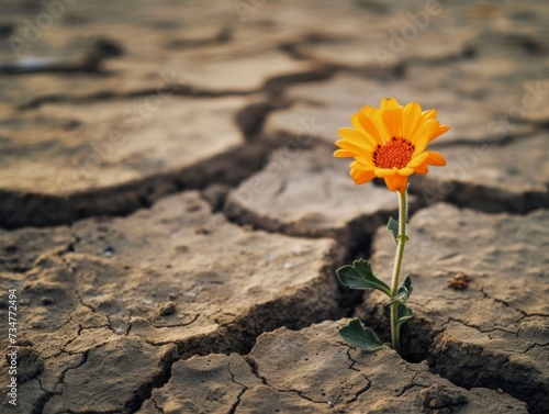 Vibrant yellow flower sprouting from cracked earth, symbolizing hope and the power of life through adversity © Breezze