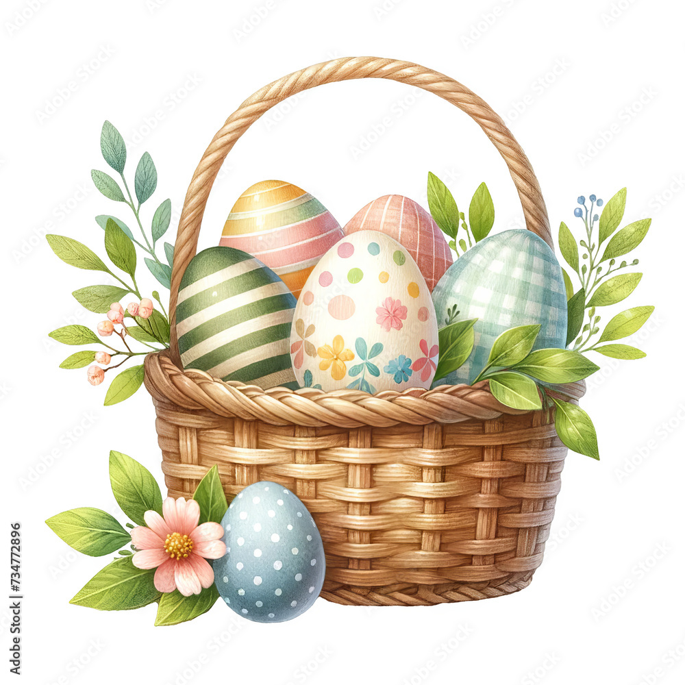 Watercolor illustration of a wicker basket filled with patterned Easter ...