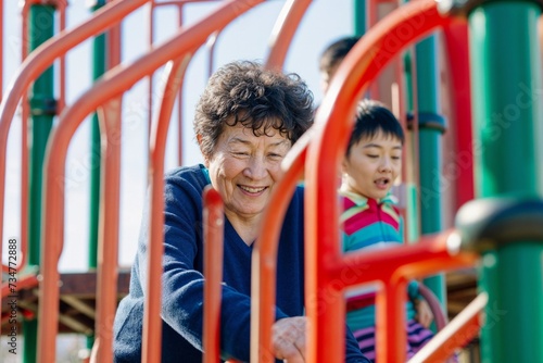 Active Senior Asian Woman Enjoying Time With Grandchild at Playground. Joyful Grandmother and Boy Engaging in Outdoor Play, Embracing Generational Bond