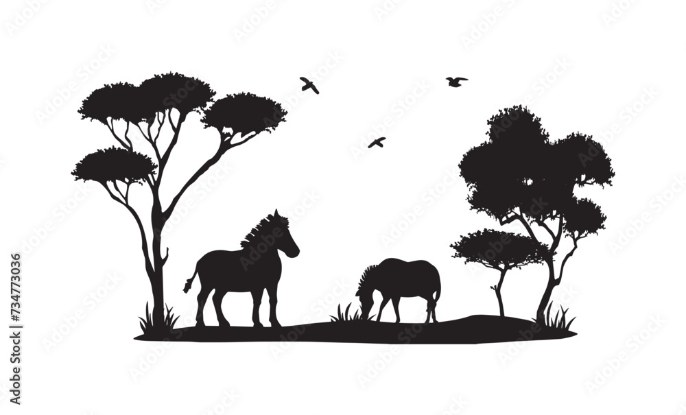 африканские животные и деревья вектор силуэт. силуэт зебр и африканский пейзаж вектор