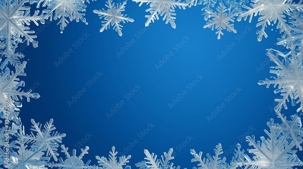 Fototapeta premium Frame arranged with snow crystals on a blue background. Winter concept. Center copy space. Generative AI