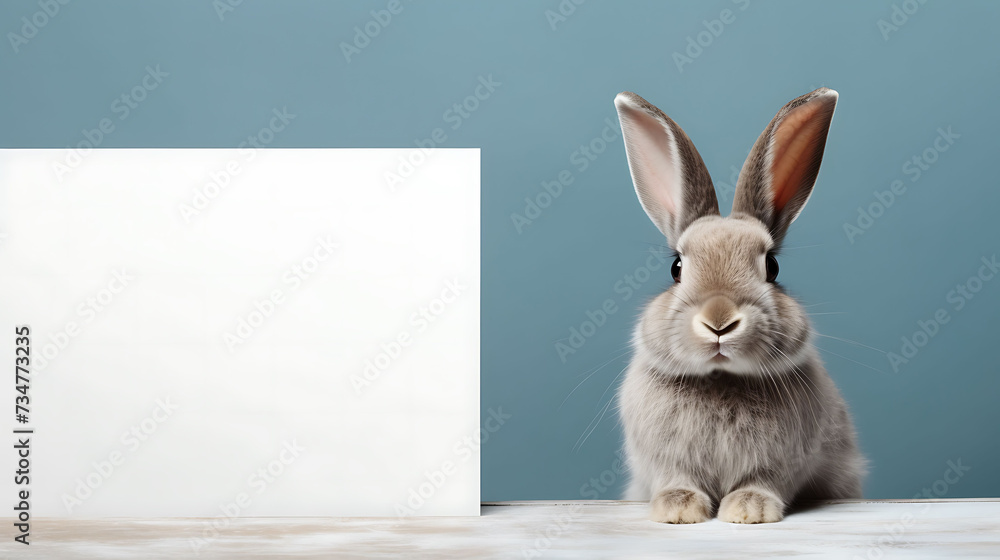 Fototapeta premium Portrait of a funny rabbit with a blank banner. Copy-space