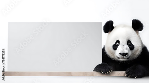 Portrait of a funny panda bear with a blank banner. Copy-space photo