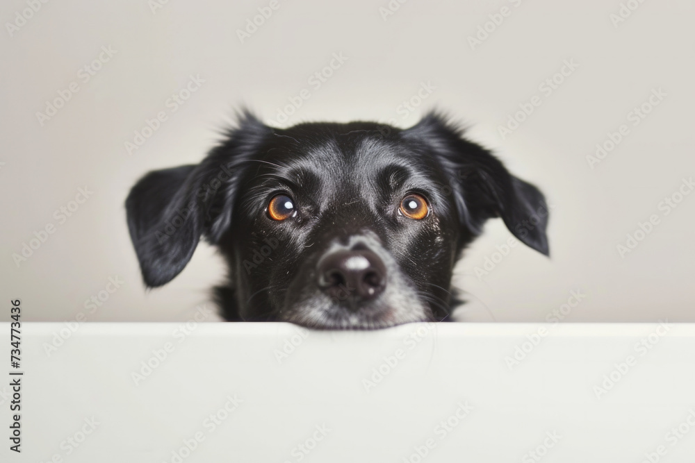 banner. dog peeking out from behind a white wall. Concept for pets, veterinary clinic or nutrition, food for dogs. Banner with space for text Side view, peek out. banner. dog peeking out from behind a white wall. Concept for pets, veterinary clinic or nutrition, food for dogs. Banner with space for text Side view, peek out.