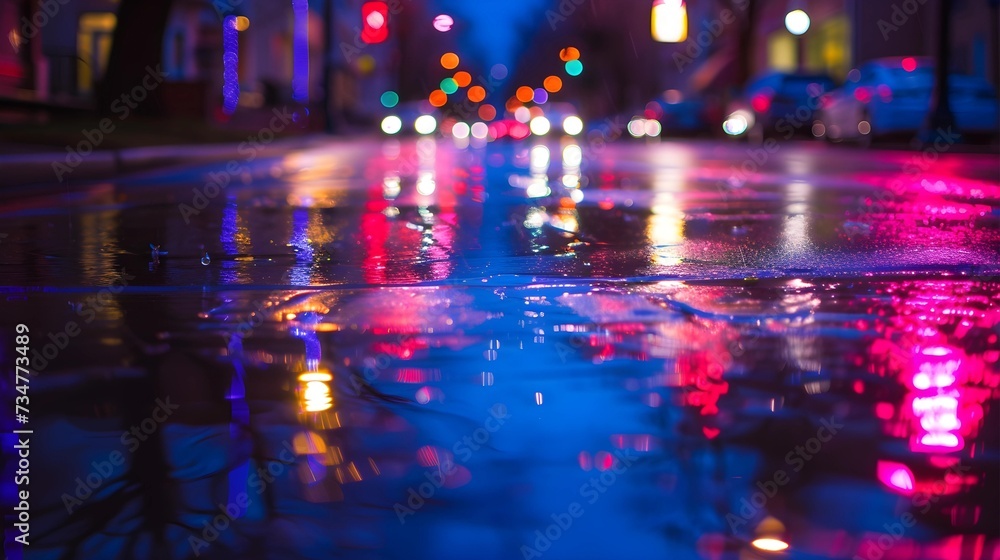Close-up of a rain-drenched street reflecting vibrant neon lights at night, creating an abstract urban tapestry. Close-up of a rain-drenched street reflecting vibrant neon lights at night, creating an abstract urban tapestry.