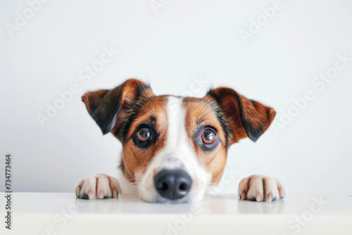 banner. dog peeking out from behind a white wall. Concept for pets, veterinary clinic or nutrition, food for dogs. Banner with space for text Side view, peek out. © Nataliia_Trushchenko