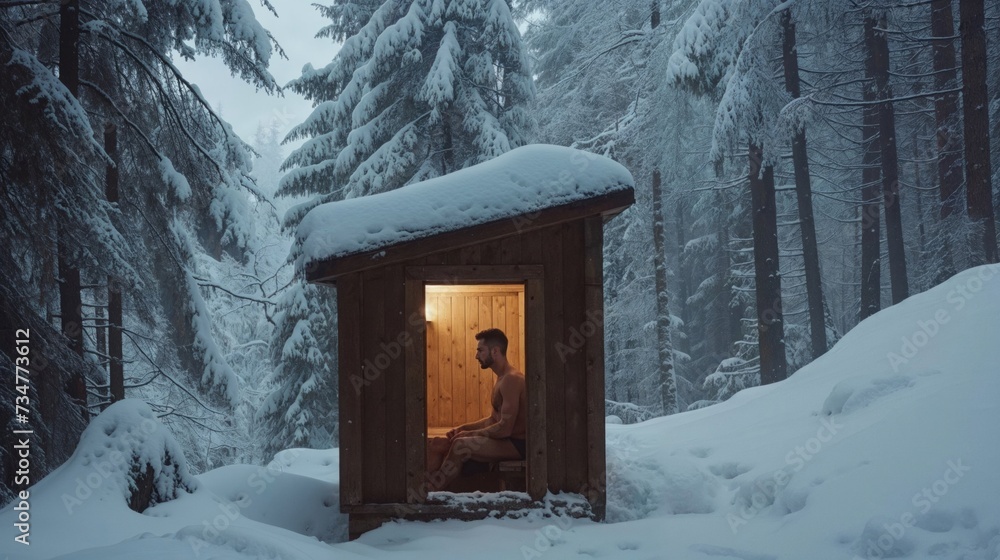Man enjoying solitude in a warm, glowing sauna amidst a snowy landscape, contrasting the coziness with the cold outdoors Man enjoying solitude in a warm, glowing sauna amidst a snowy landscape, contrasting the coziness with the cold outdoors