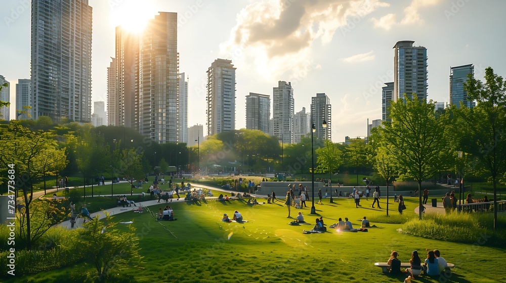 A sunlit urban park comes alive with people enjoying the outdoors, with a majestic city skyline rising in the background against a clear sky. - obrazy, fototapety, plakaty 