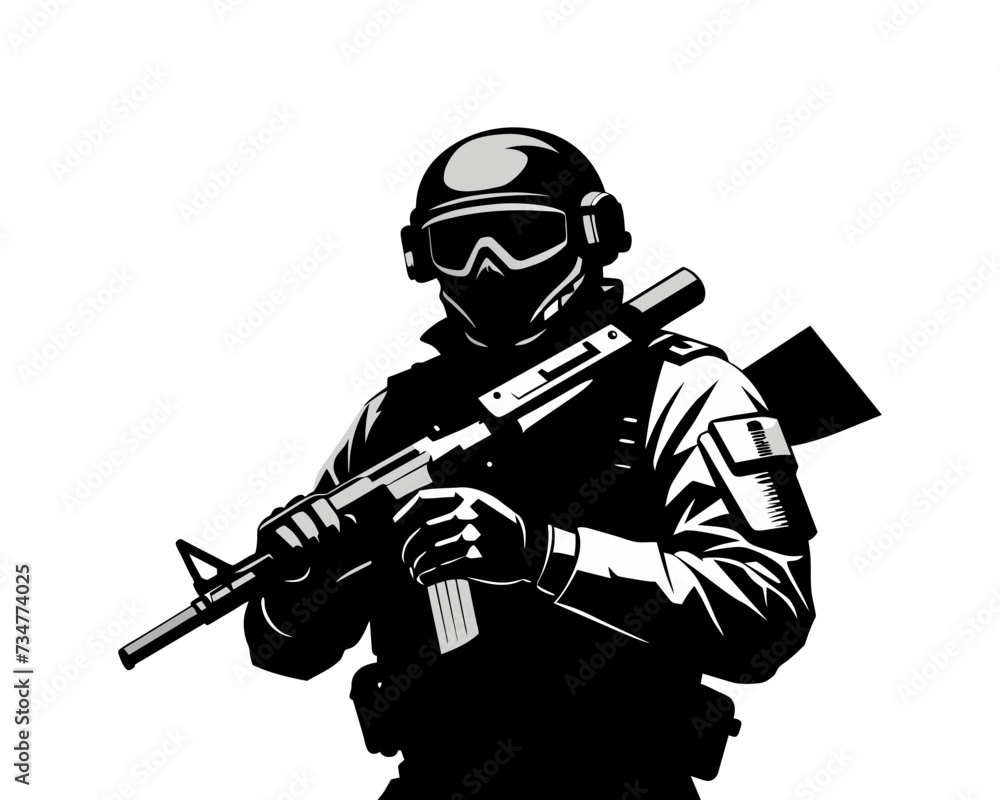 Soldier silhouette. Military man with a machine gun. Soldier silhouette. Military man with a machine gun.