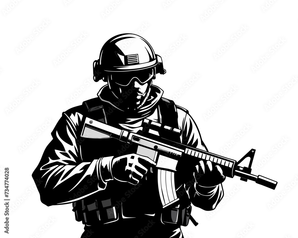 Soldier silhouette. Military man with a machine gun. Soldier silhouette. Military man with a machine gun.