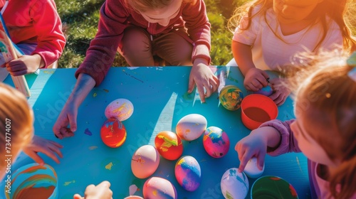 Cheerful children enjoying Easter crafts, coloring vibrant eggs at sunny outdoor table. Creative kids engage in holiday art, showcasing joy and teamwork in a playful setting photo