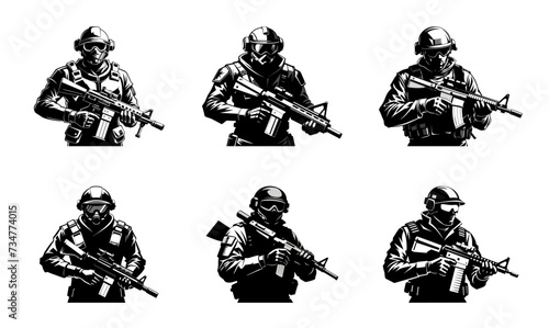 Set of silhouettes of soldiers. Military men with machine guns. Collection of soldiers
