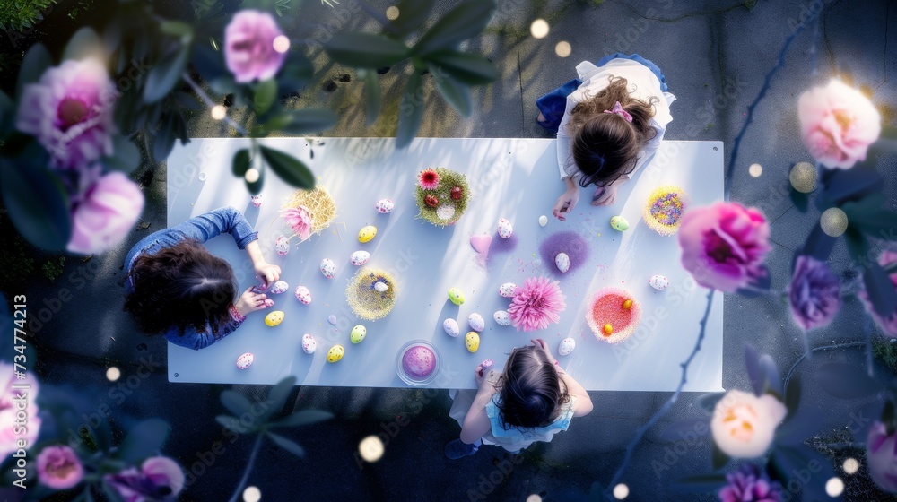 Children engage in an Easter craft session outdoors, surrounded by the soft blur of spring blooms and the creativity of the season